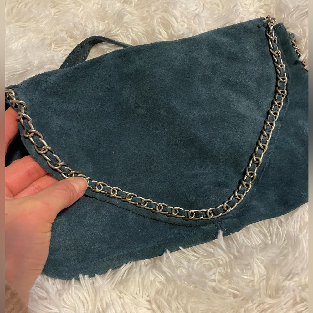Zara Authentic Blue Suede Crossbody Bag with Chain Detail